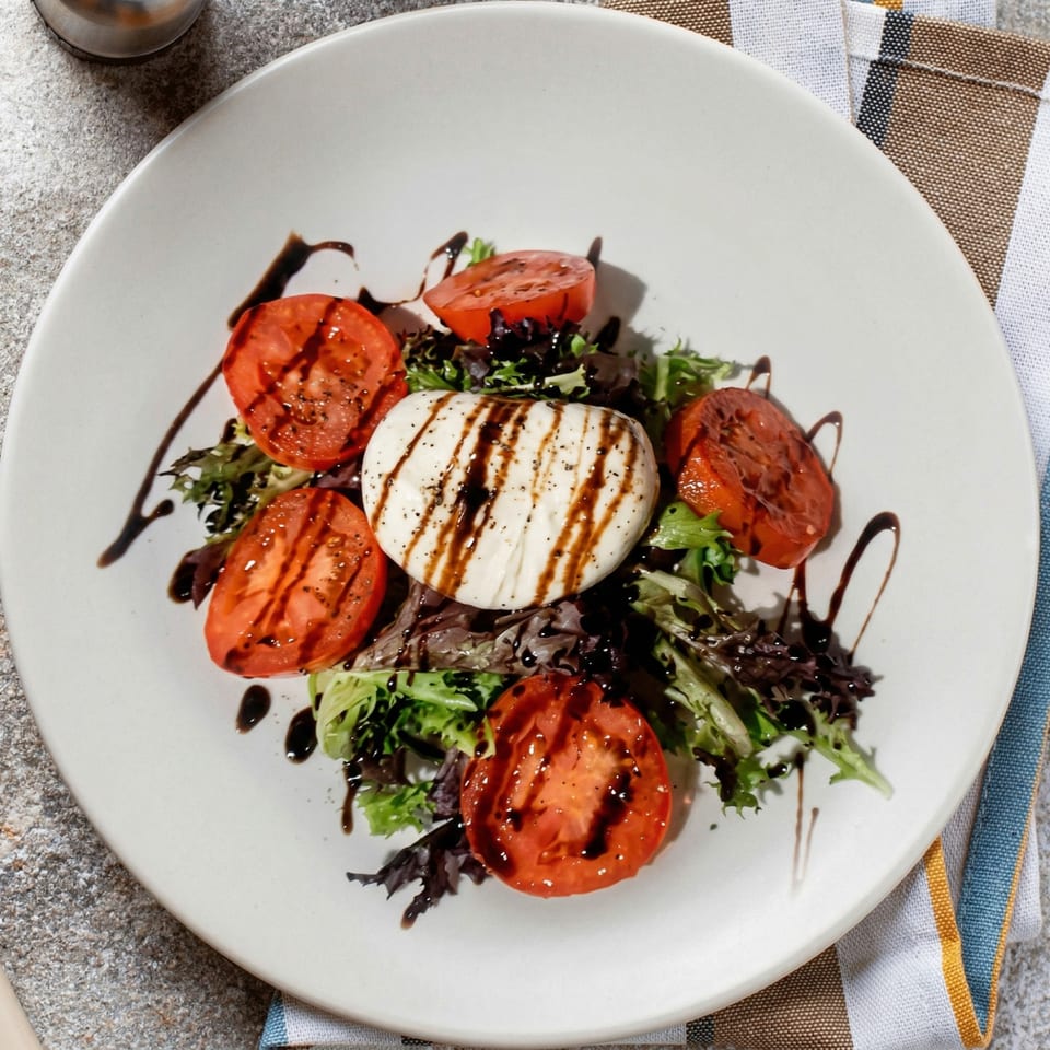 Caprese salad with fresh mozzarella, sliced tomatoes, mixed greens, and balsamic glaze on a white plate.