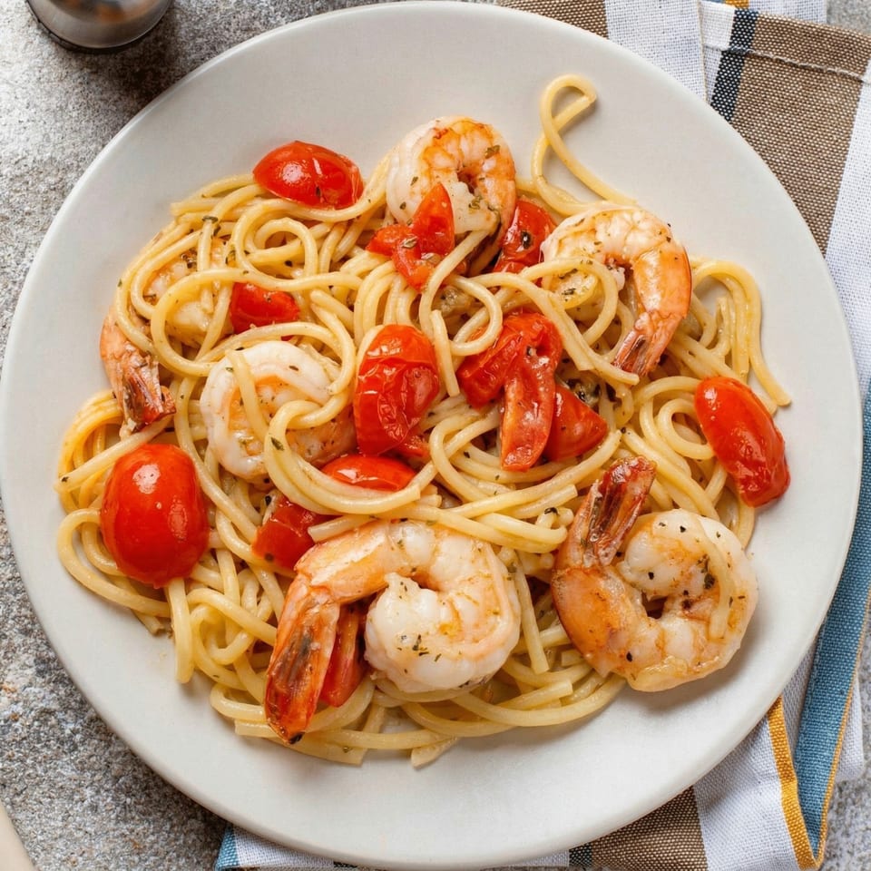 A white plate of spaghetti with shrimp and cherry tomatoes, garnished with herbs.
