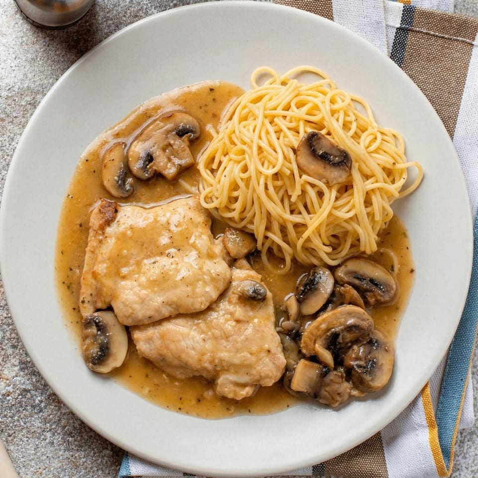 Chicken and mushrooms in a creamy sauce with spaghetti on a white plate.