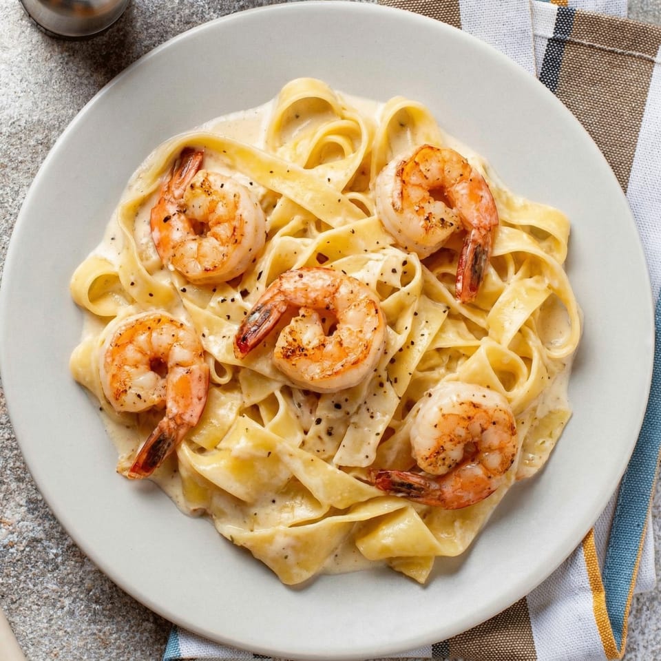 Fettuccine alfredo with five large, grilled shrimp and black pepper on a white plate.