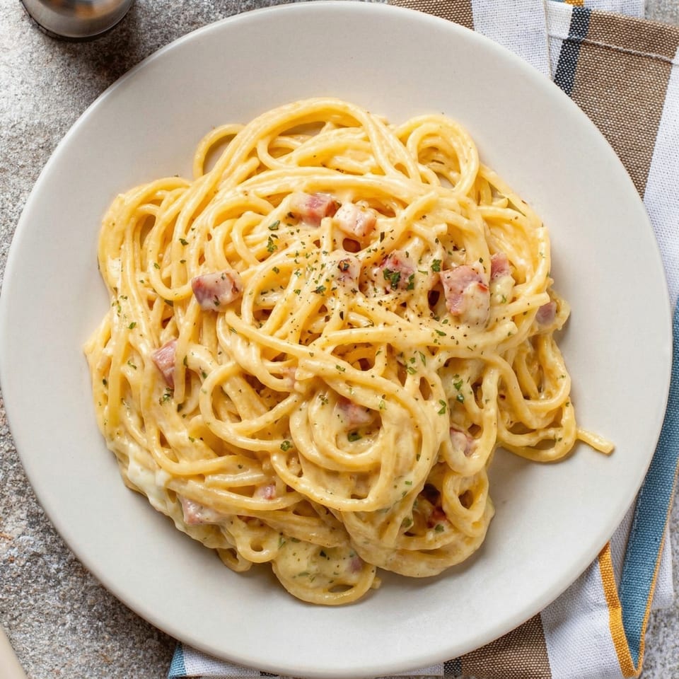 Creamy spaghetti carbonara with bacon bits and parsley on a white plate, next to a striped napkin.
