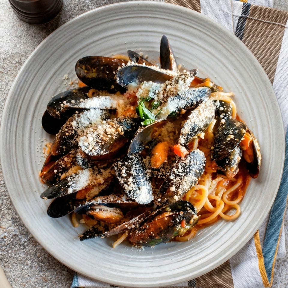 Mussels and spaghetti in red sauce, topped with grated cheese and basil, on a light gray plate.